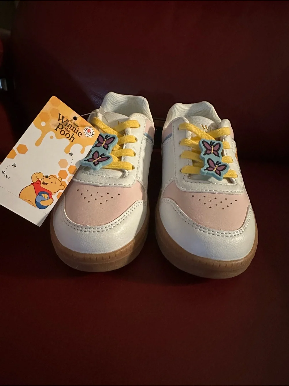 Kids Winnie the Pooh Pink & White Sneakers with Yellow Laces Sz 11